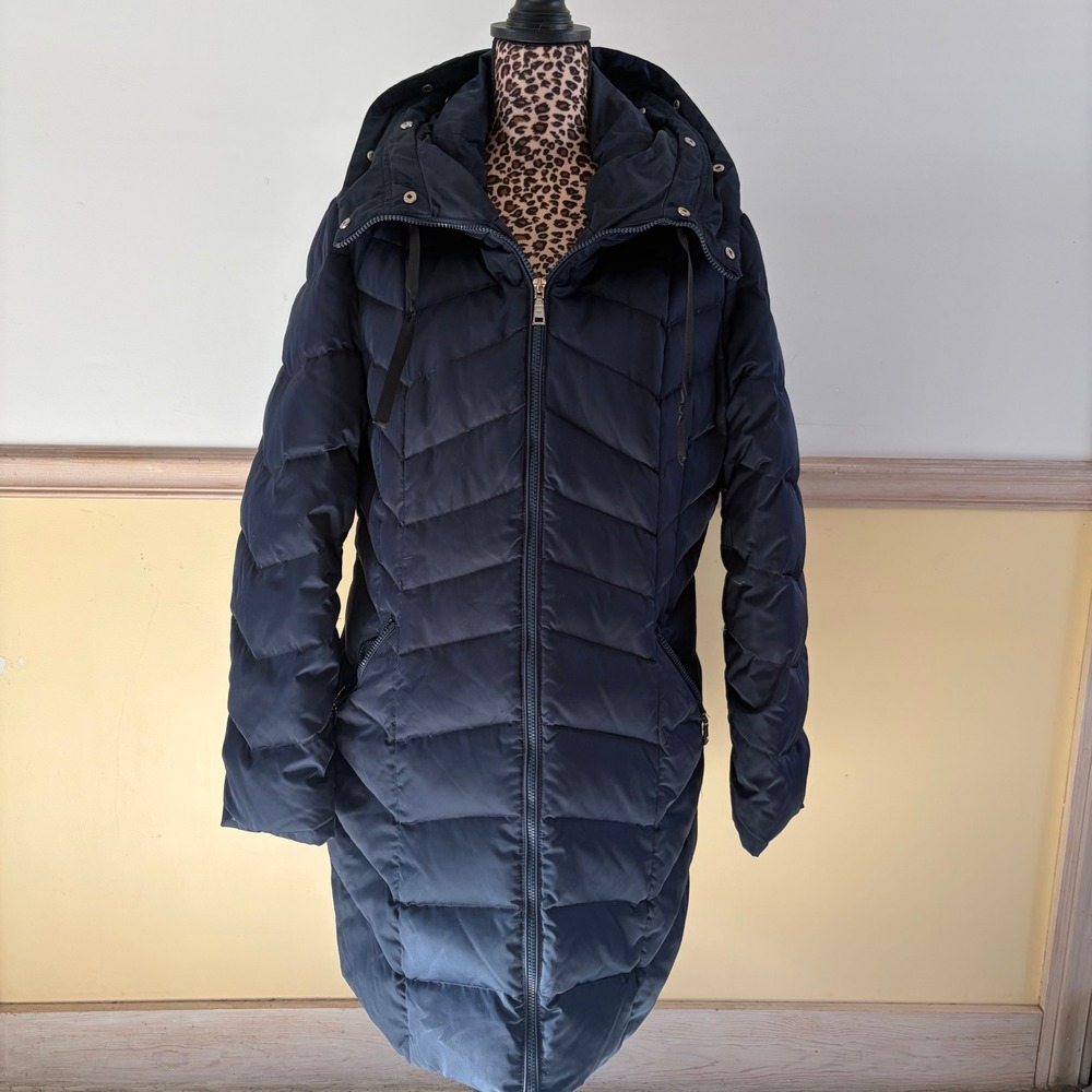 T Tahari Women Navy Blue Quilted Puffer Coat Hooded Full Zip Warm Winter Size M